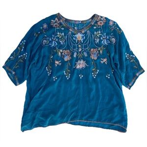 Johnny Was 2X Women's Green Floral Embroidered Tunic Top